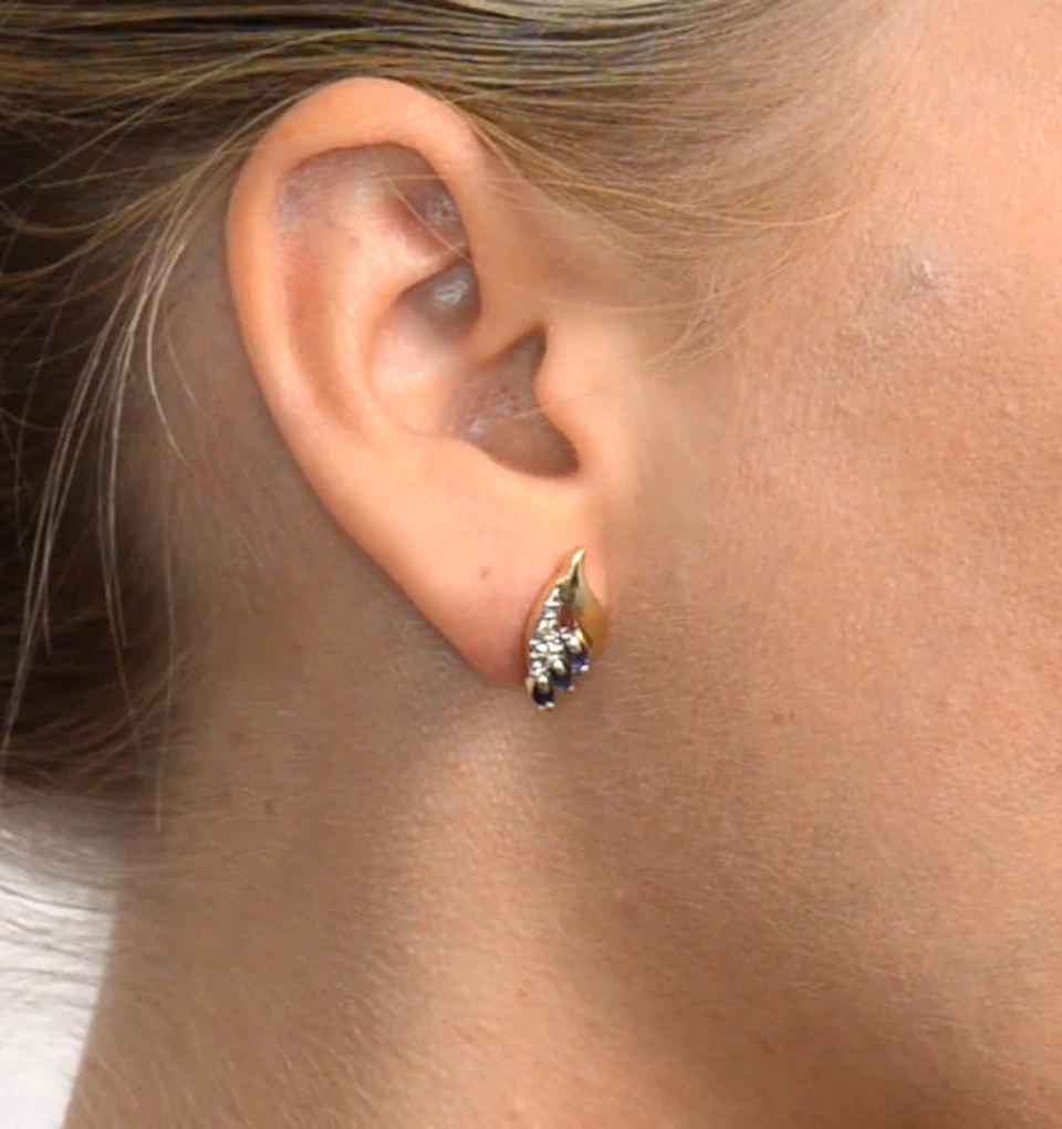 Sapphire 4mm x 2mm And Diamond 9K Yellow Gold Earrings