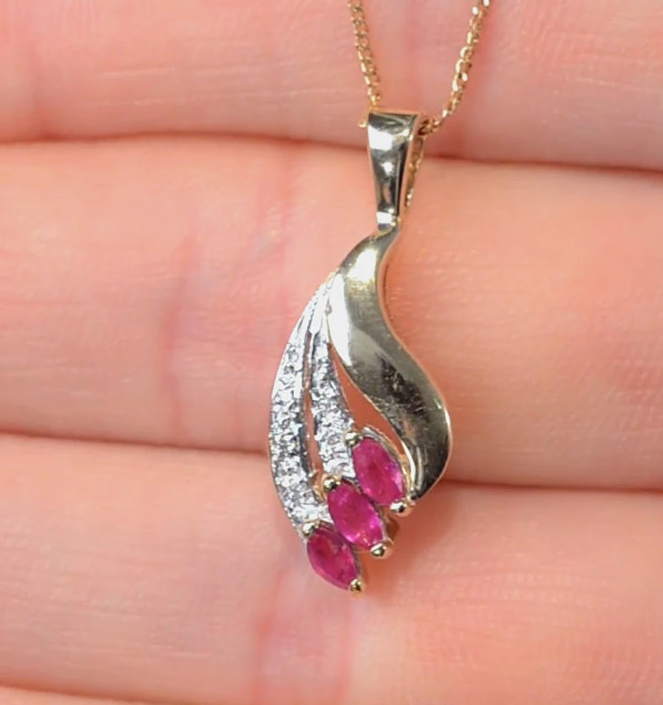 Ruby 4 x 2mm And Diamond 9K Yellow Gold Pendant Necklace