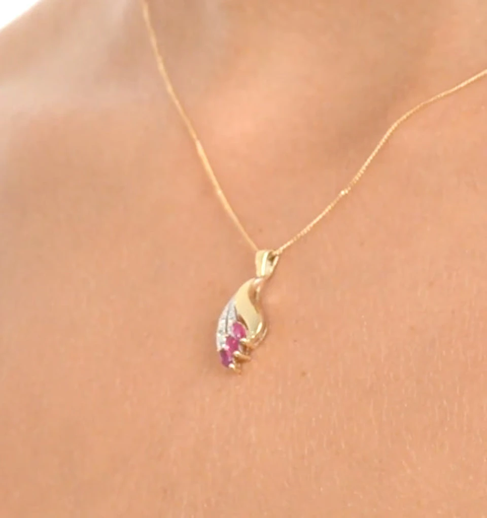 Ruby 4 x 2mm And Diamond 9K Yellow Gold Pendant Necklace