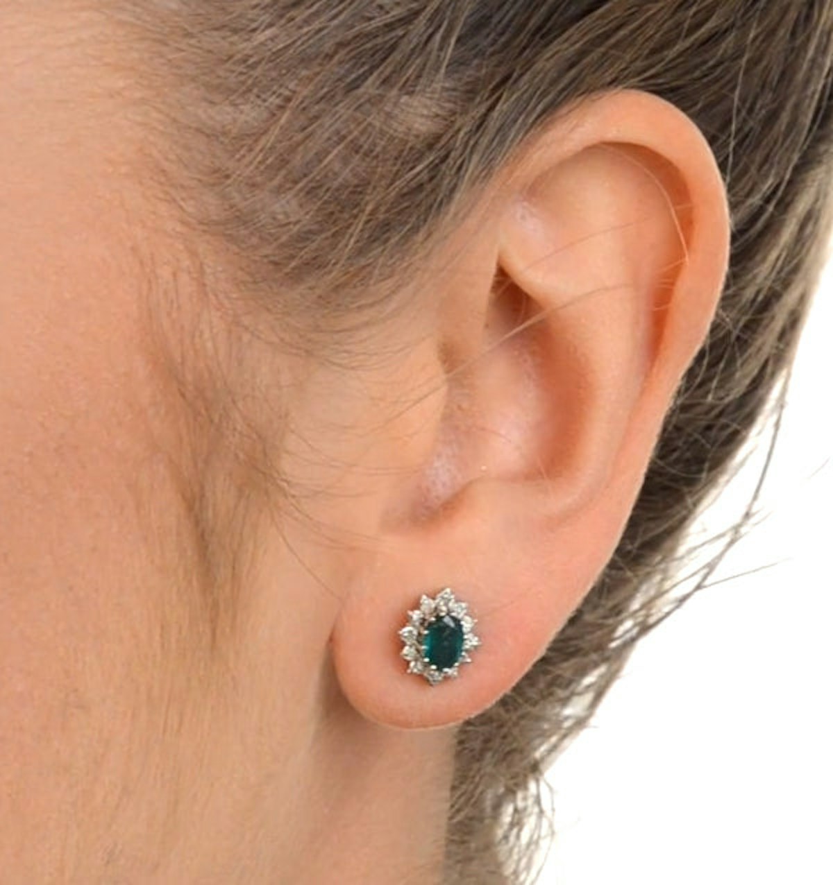 Emerald 6 x 4mm And Diamond Cluster 9K Yellow Gold Earrings B3689