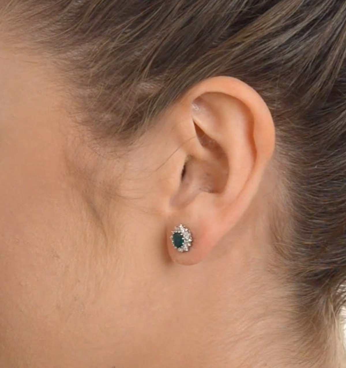 Emerald 6 x 4mm And Diamond Cluster 9K Yellow Gold Earrings B3689