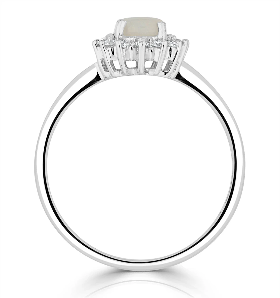 Opal 7 x 5mm And Diamond 9K White Gold Ring