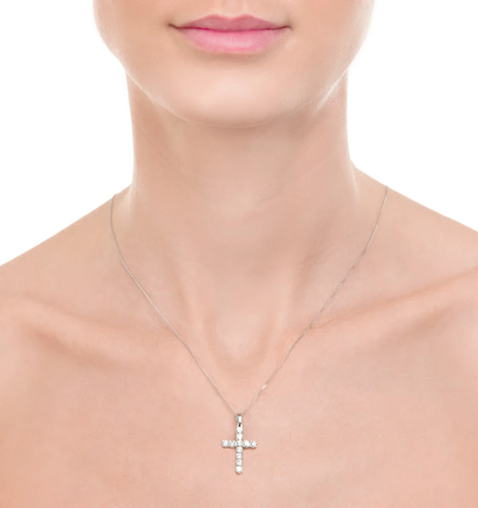 1.00ct Diamond and 18K White Gold Cross Pendant Necklace - FR42