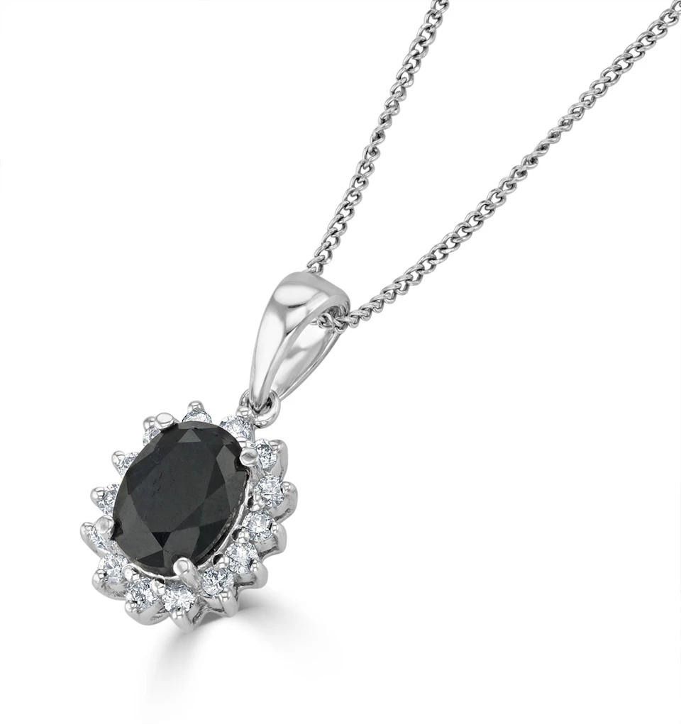 Sapphire 7 x 5mm And Diamond 18K White Gold Pendant Necklace FER27-UY