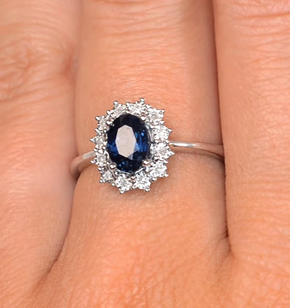Sapphire Ring With Lab Diamond Halo 7 x 5mm Set in 925 Silver