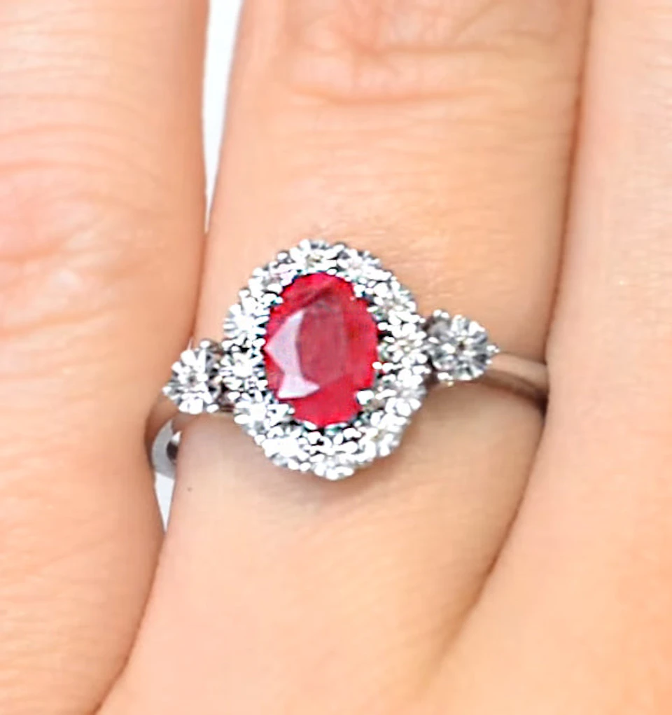 Ruby 7 x 5mm and Diamond 9K White Gold Ring