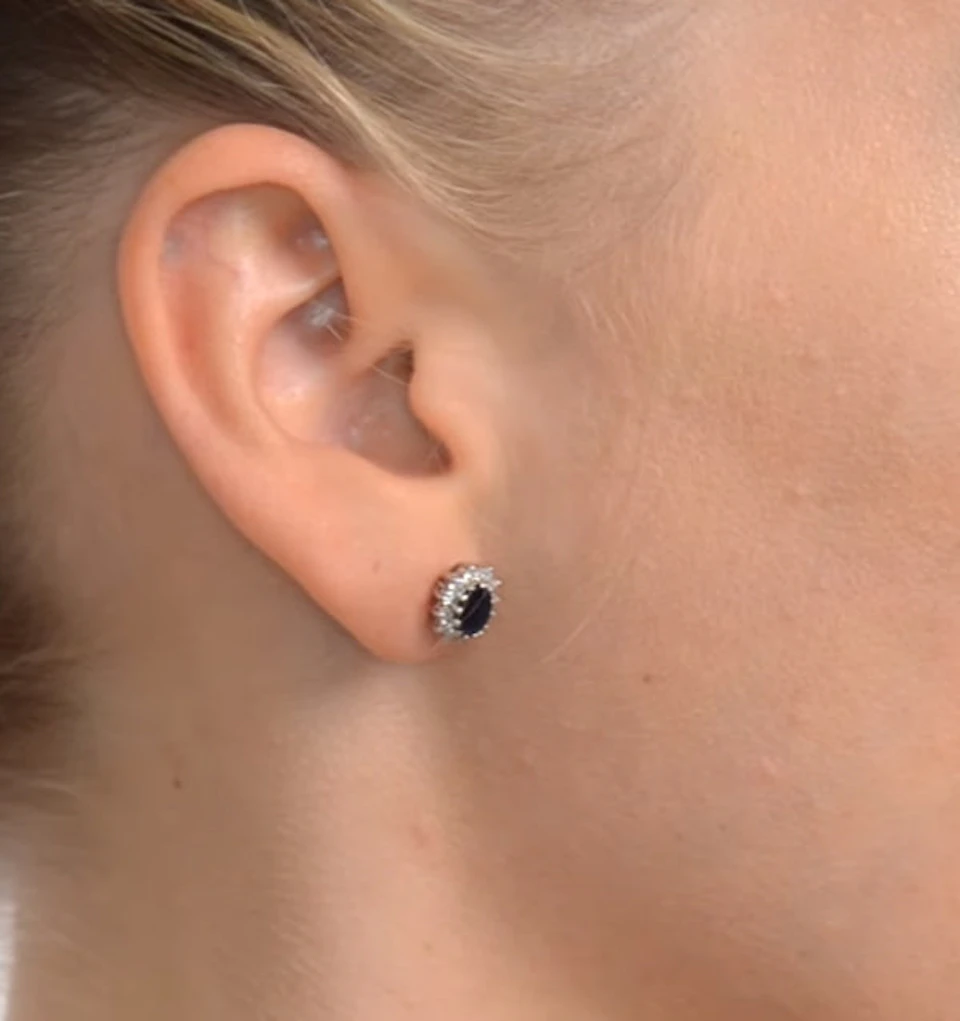 Sapphire 6mm x 4mm And Diamond 18K White Gold Earrings