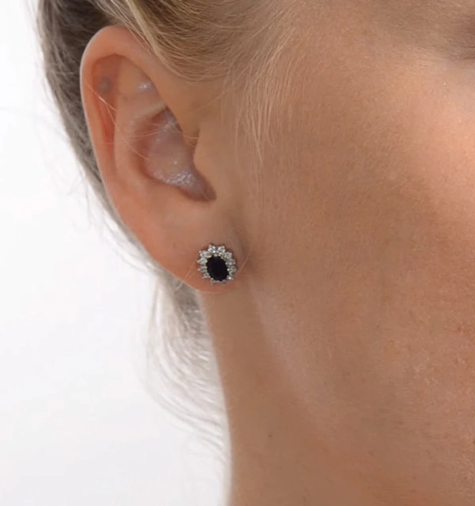 Sapphire 6mm x 4mm And Diamond 18K White Gold Earrings