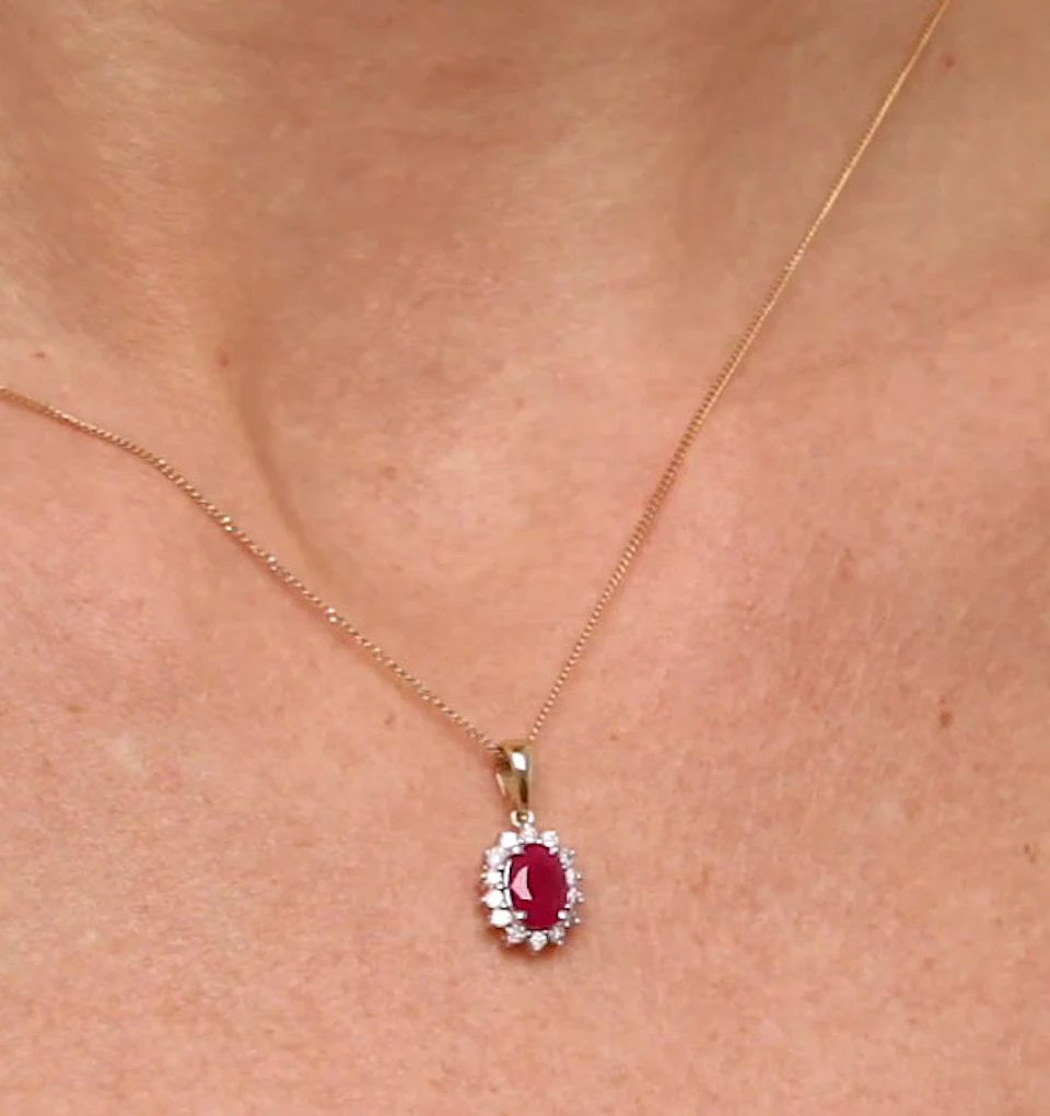 Ruby 7 x 5mm And Diamond 18K Yellow Gold Pendant Necklace