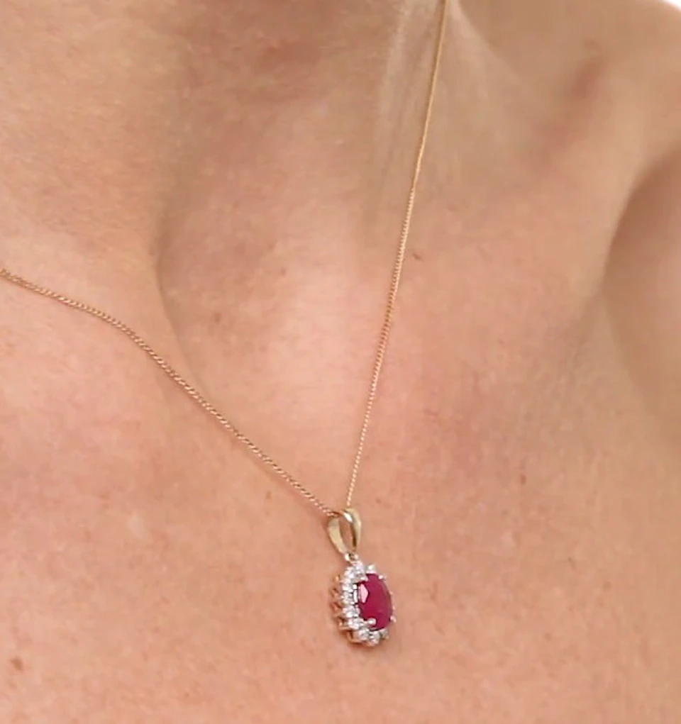 Ruby 7 x 5mm And Diamond 18K Yellow Gold Pendant Necklace