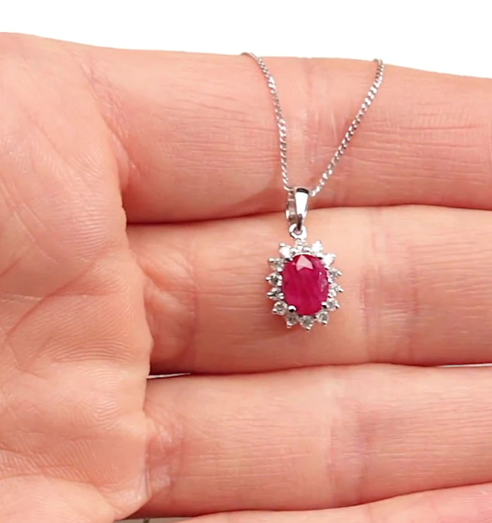 Ruby Pendant Necklace With Lab Diamonds in 925 Silver - 7 x 5mm Centre