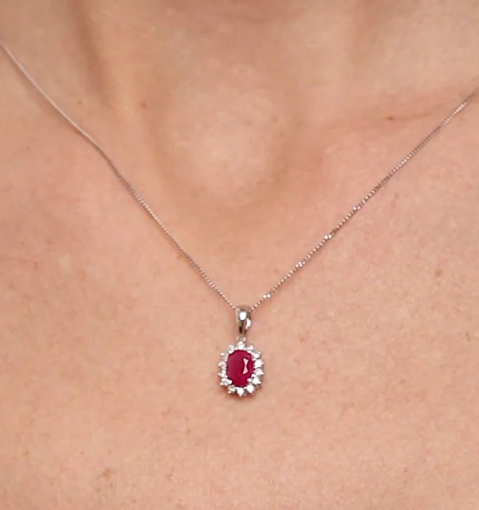 Ruby Pendant Necklace With Lab Diamonds in 925 Silver - 7 x 5mm Centre