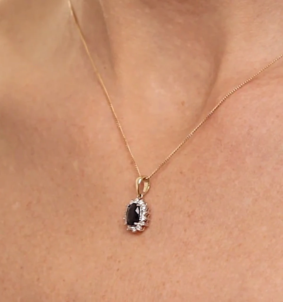 Sapphire 7 x 5mm And Diamond 18K Yellow Gold Pendant Necklace