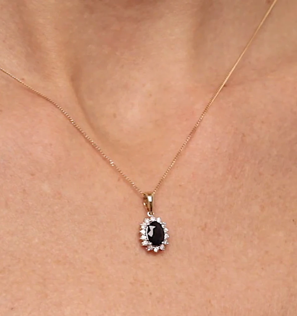 Sapphire 7 x 5mm And Diamond 18K Yellow Gold Pendant Necklace