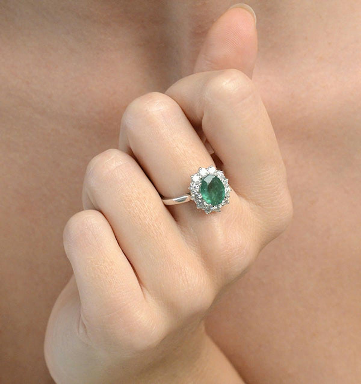 Emerald 1.95CT And Diamond 1.00ct Cluster Ring in 18K White Gold