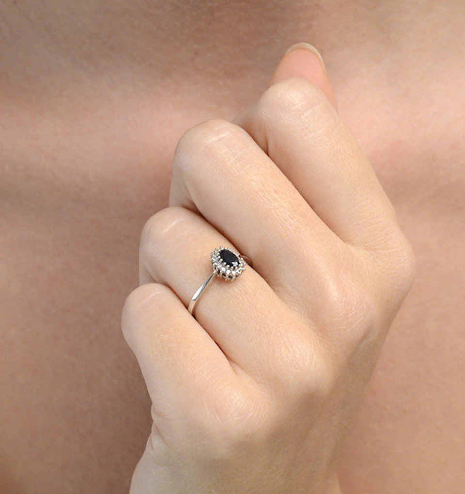 Sapphire 5 x 3mm And Diamond 18K White Ring