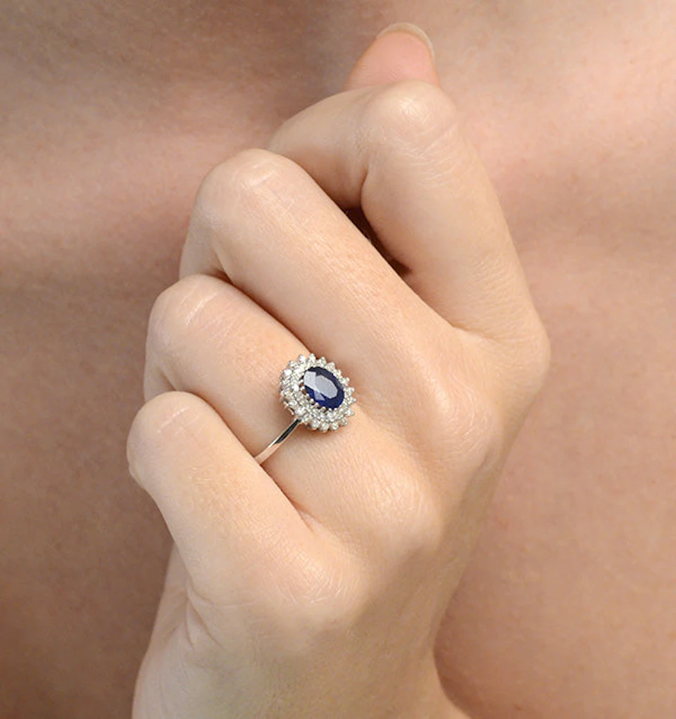 Sapphire 7 x 5mm And Diamond 18K White Gold Ring FET35-UY