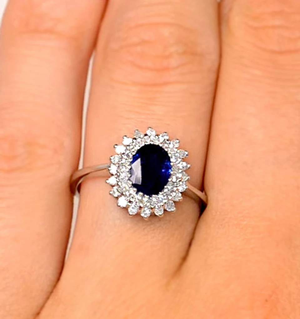 Sapphire 7 x 5mm And Diamond 18K White Gold Ring FET35-UY