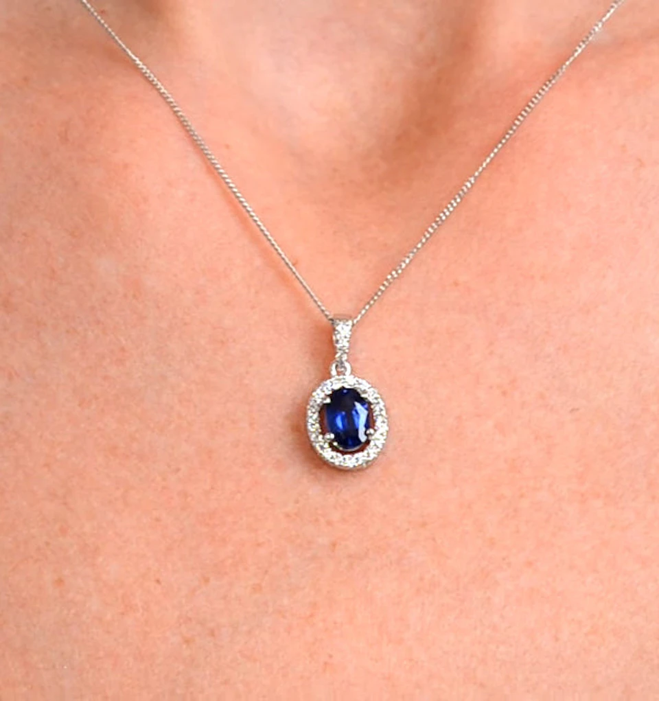 Sapphire 7 x 5mm And Diamond 18K White Gold Pendant Necklace