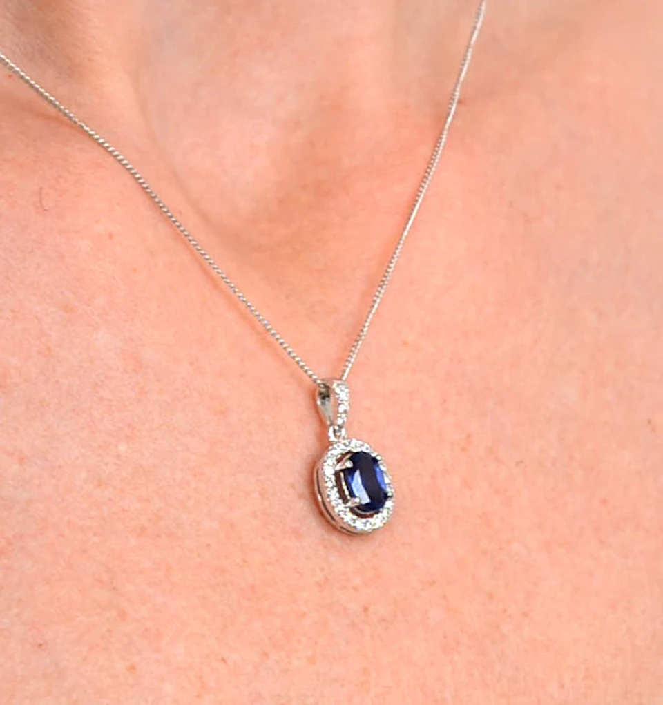Sapphire 7 x 5mm And Diamond 18K White Gold Pendant Necklace