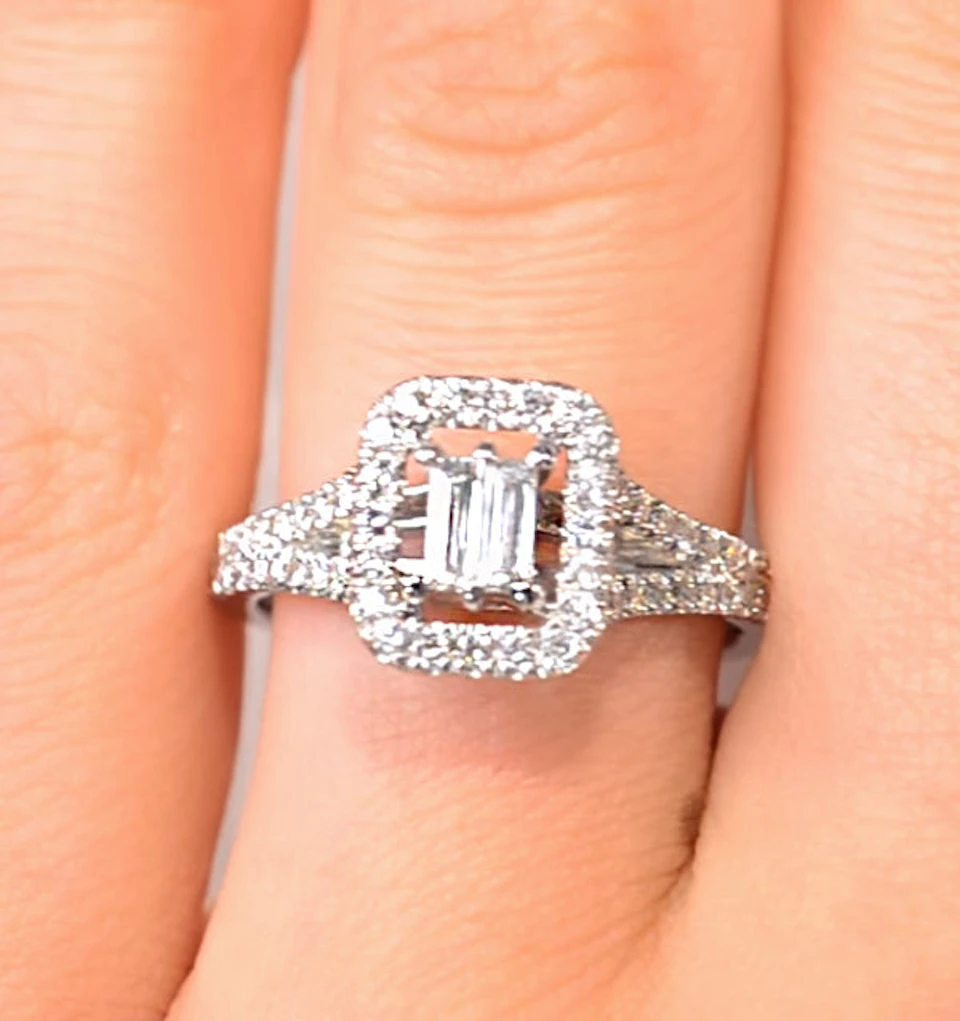 Halo Engagement Ring 0.65ct Prince Cut H/SI Diamonds 18K White Gold