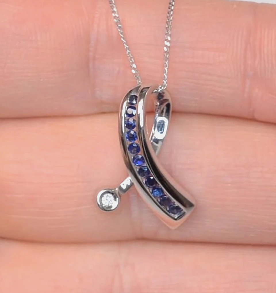 Sapphire And 0.02CT Diamond Ribbon Pendant Necklace 9K White Gold