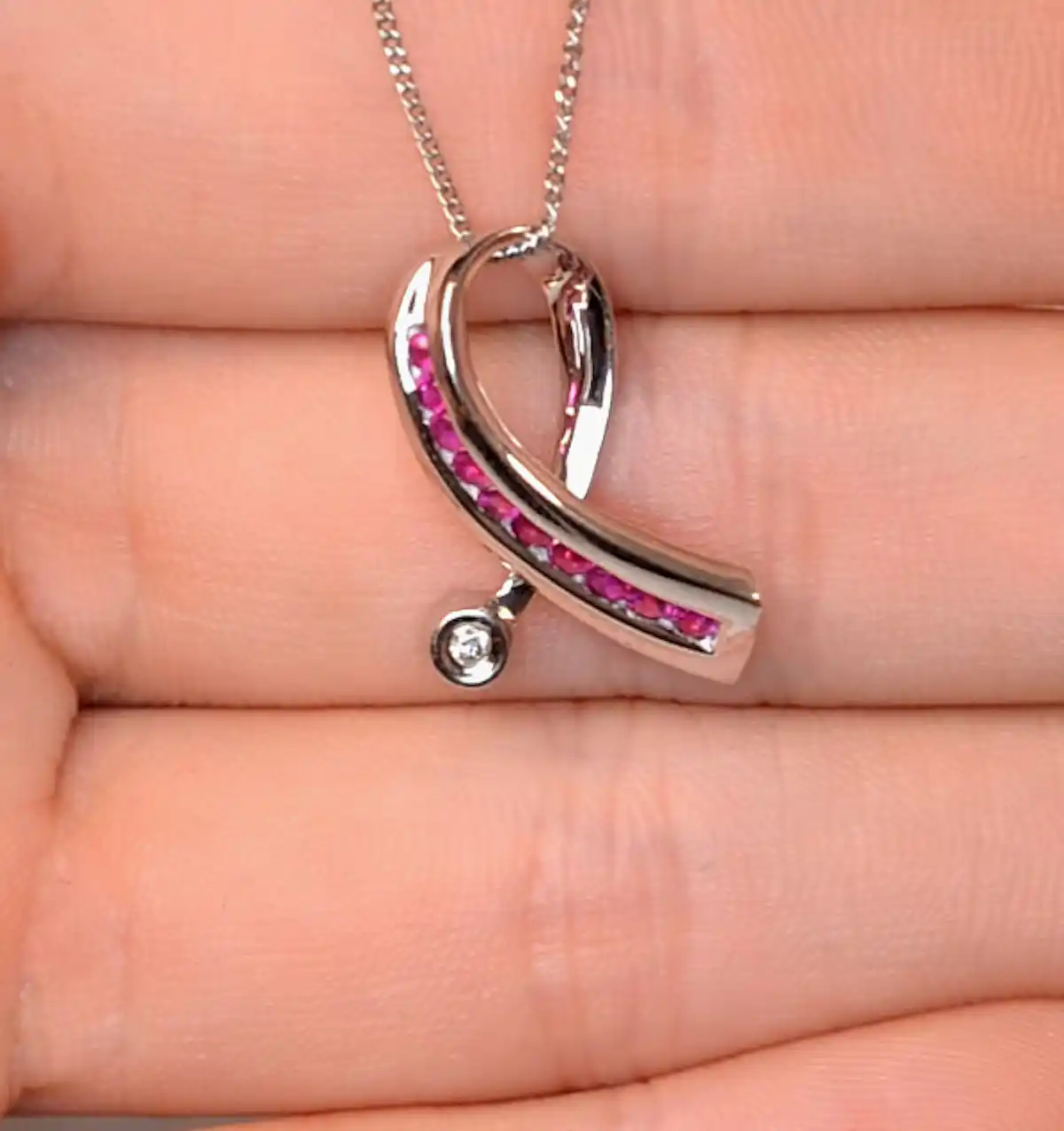 Ruby 0.33CT And Diamond 9K White Gold Ribbon Pendant Necklace