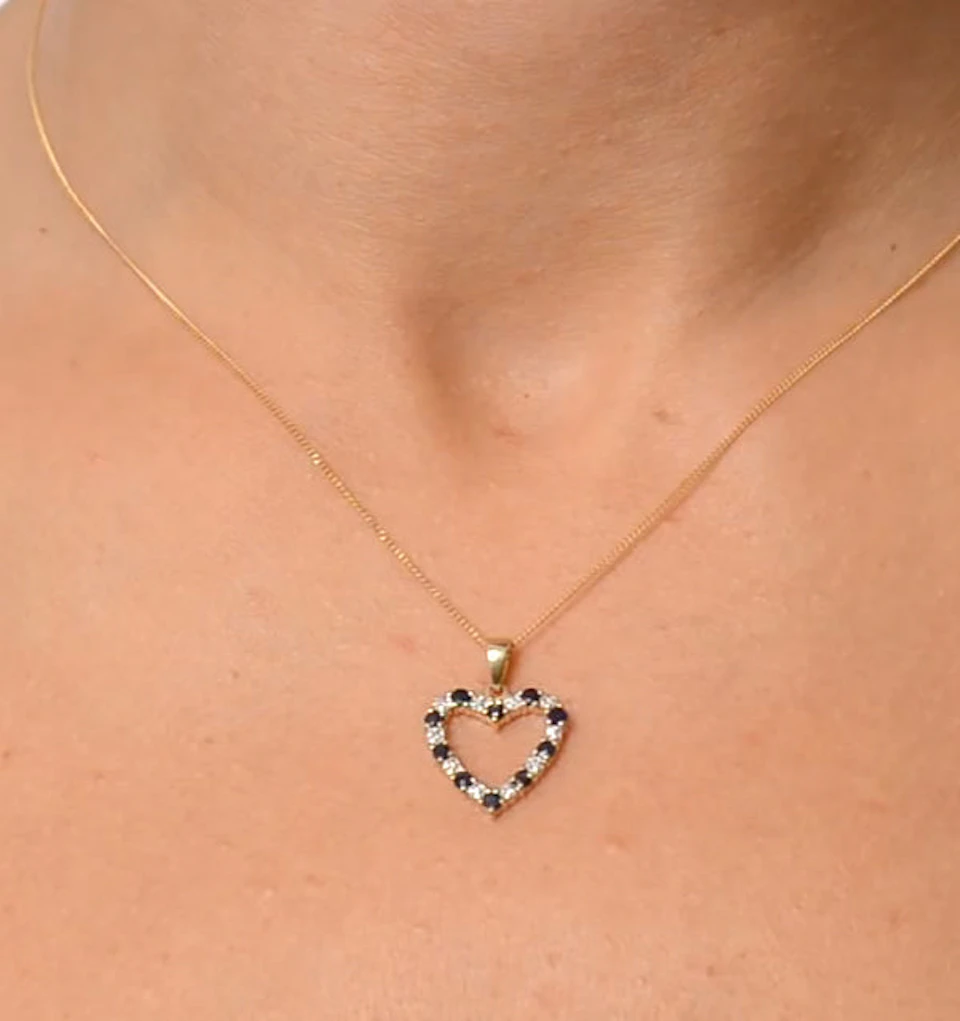 Sapphire And 0.03CT Diamond Heart Pendant Necklace 9K Yellow Gold