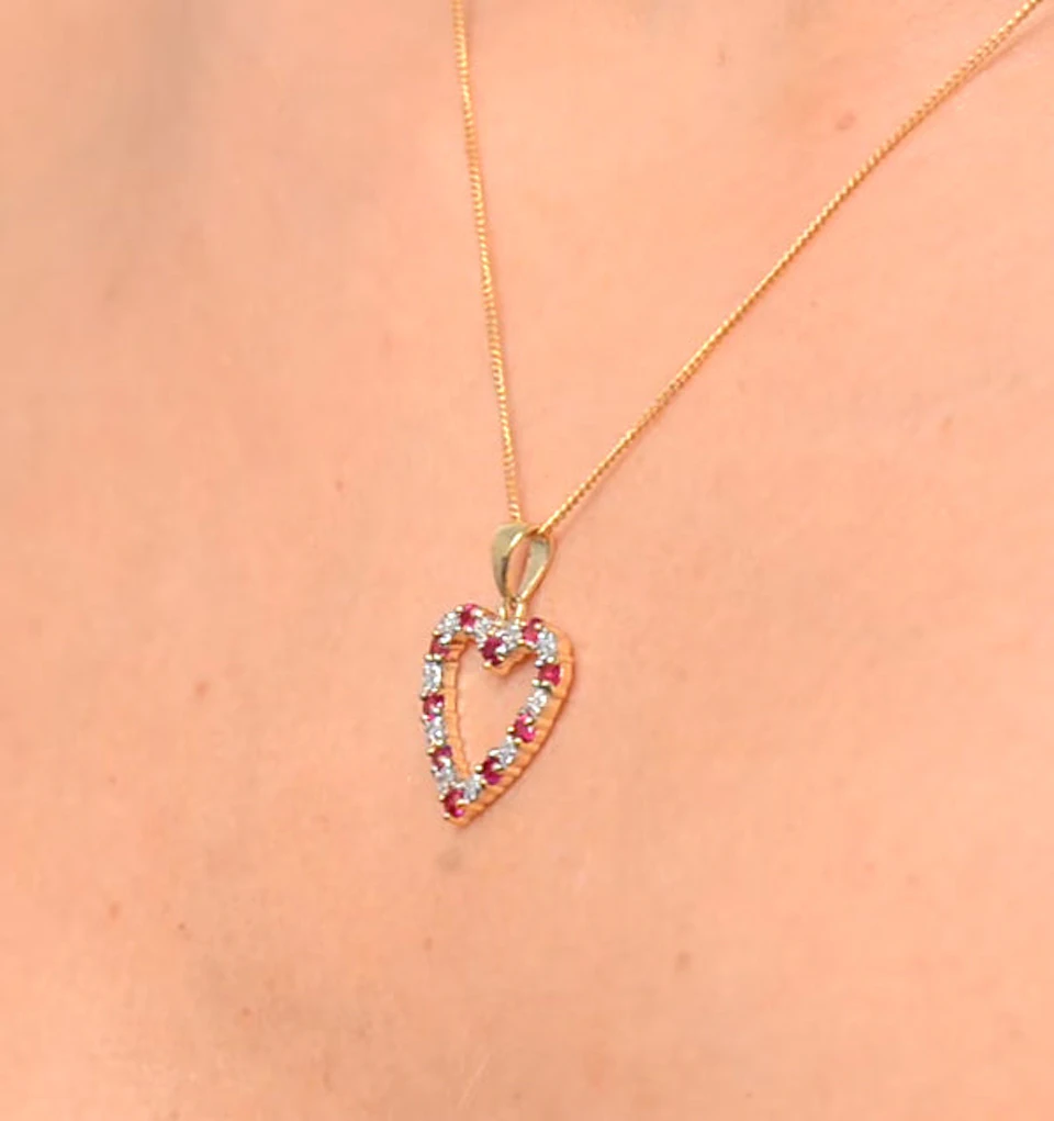 Ruby 0.68CT And Diamond 9K Yellow Gold Heart Pendant Necklace