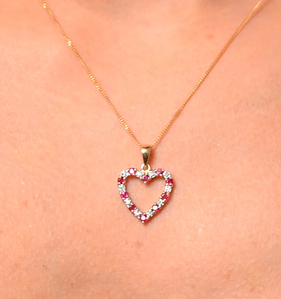 Ruby 0.68CT And Diamond 9K Yellow Gold Heart Pendant Necklace