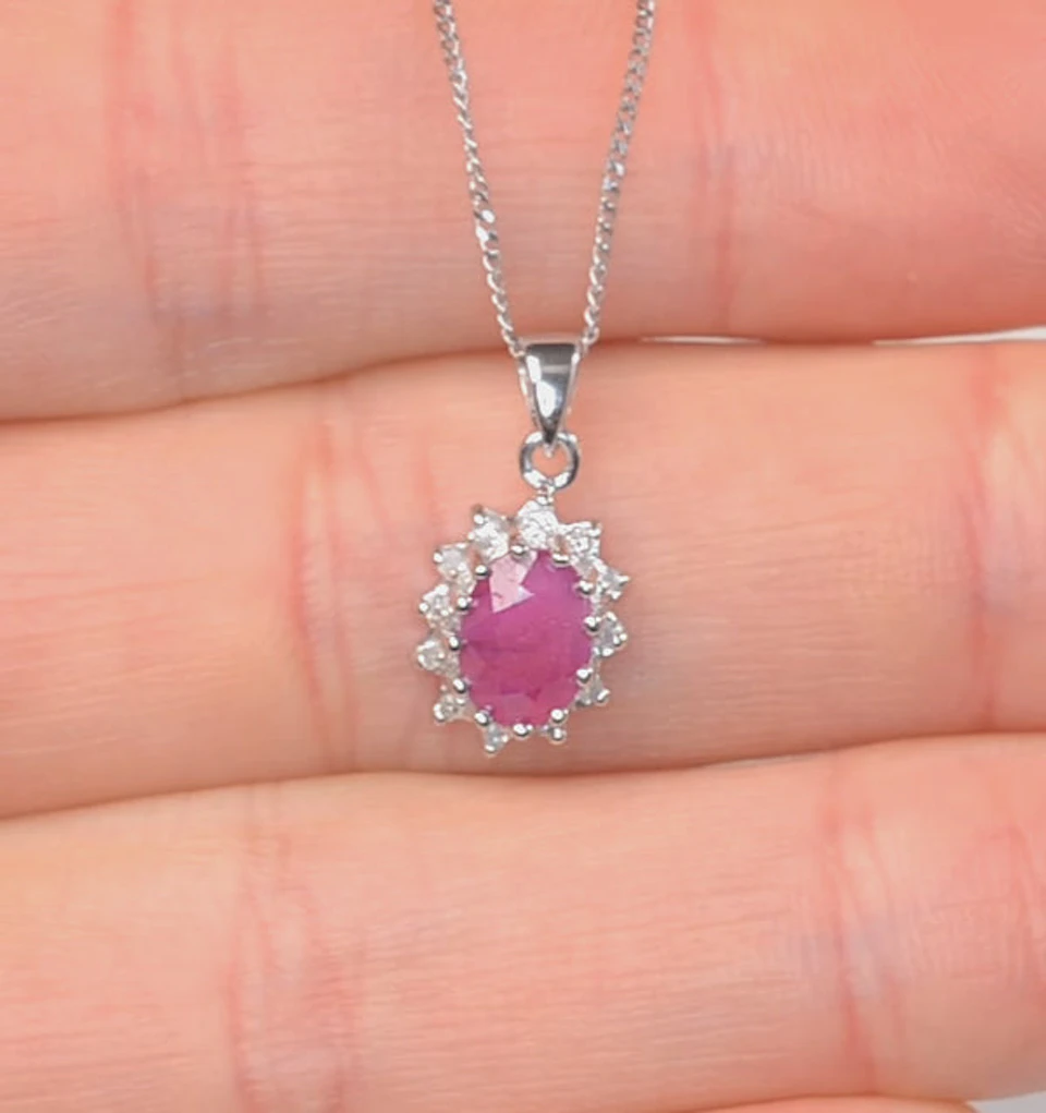 Ruby 1.00CT And Diamond 9K White Gold Pendant Necklace