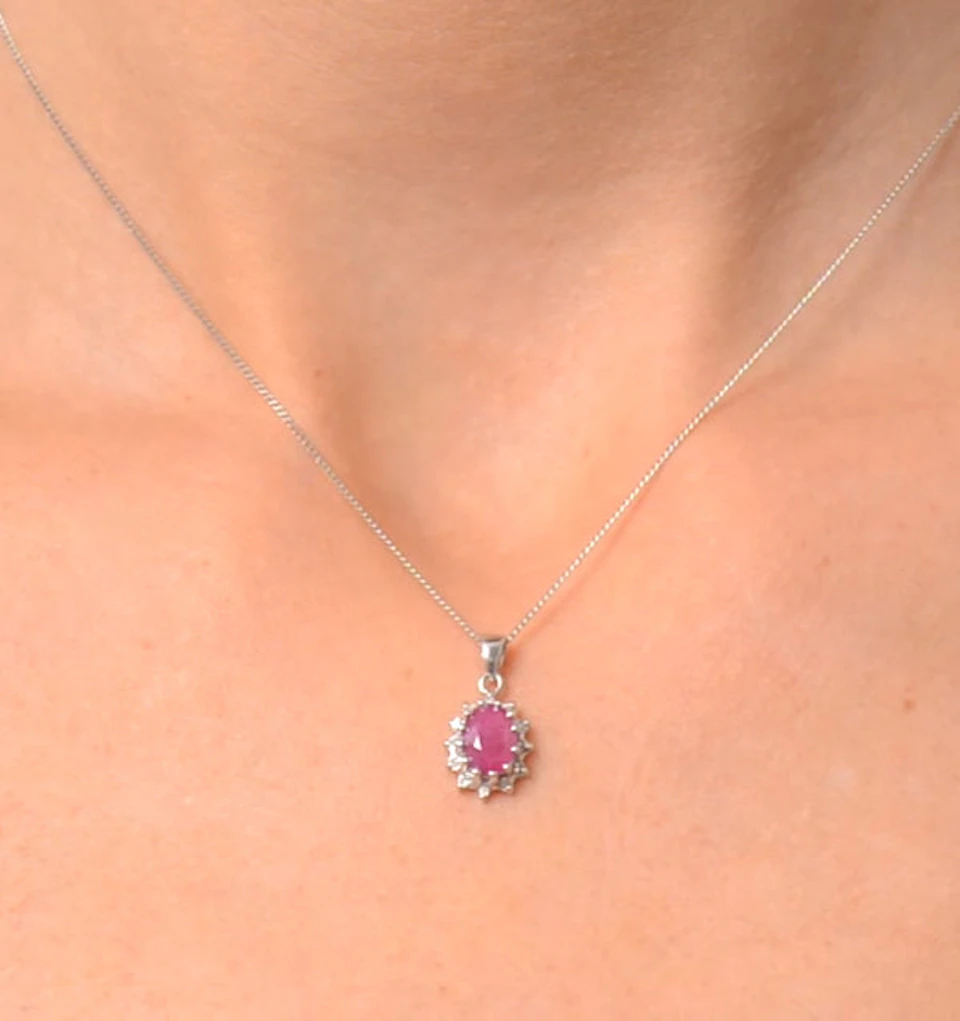 Ruby 1.00CT And Diamond 9K White Gold Pendant Necklace