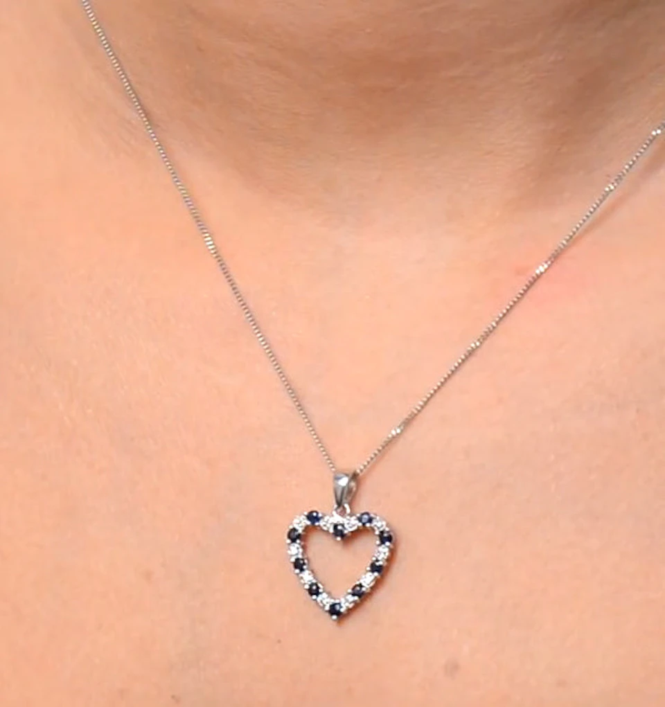 9K White Gold 0.03ct Diamond and Sapphire Heart Pendant Necklace