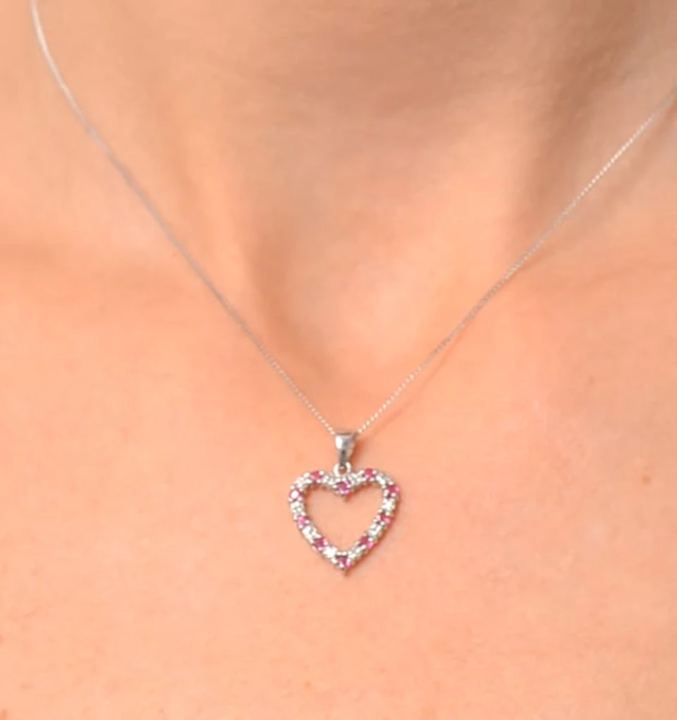 Ruby 0.68CT And Diamond 9K White Gold Heart Pendant Necklace