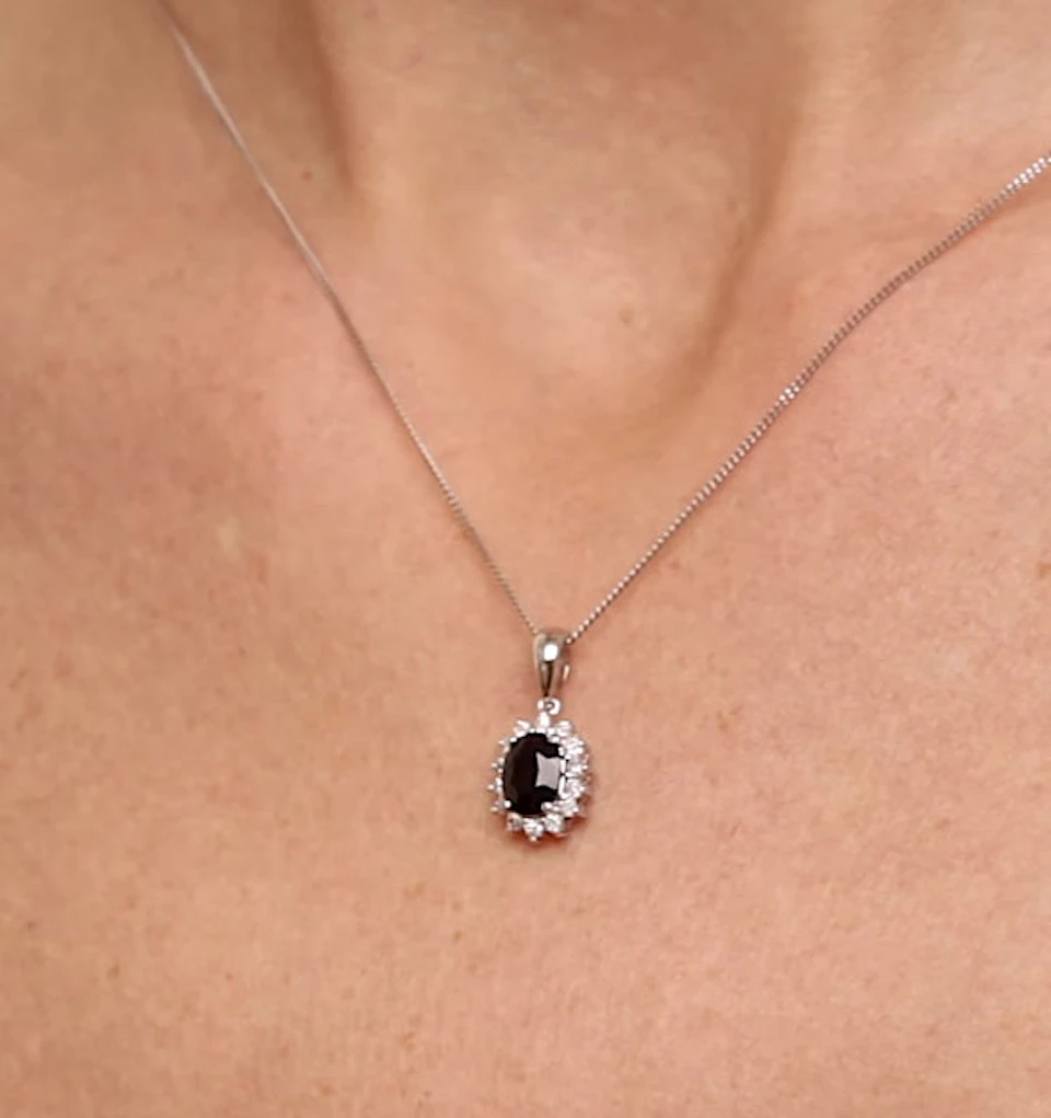 Sapphire 7 x 5mm And Diamond 18K White Gold Pendant Necklace FER27-UY