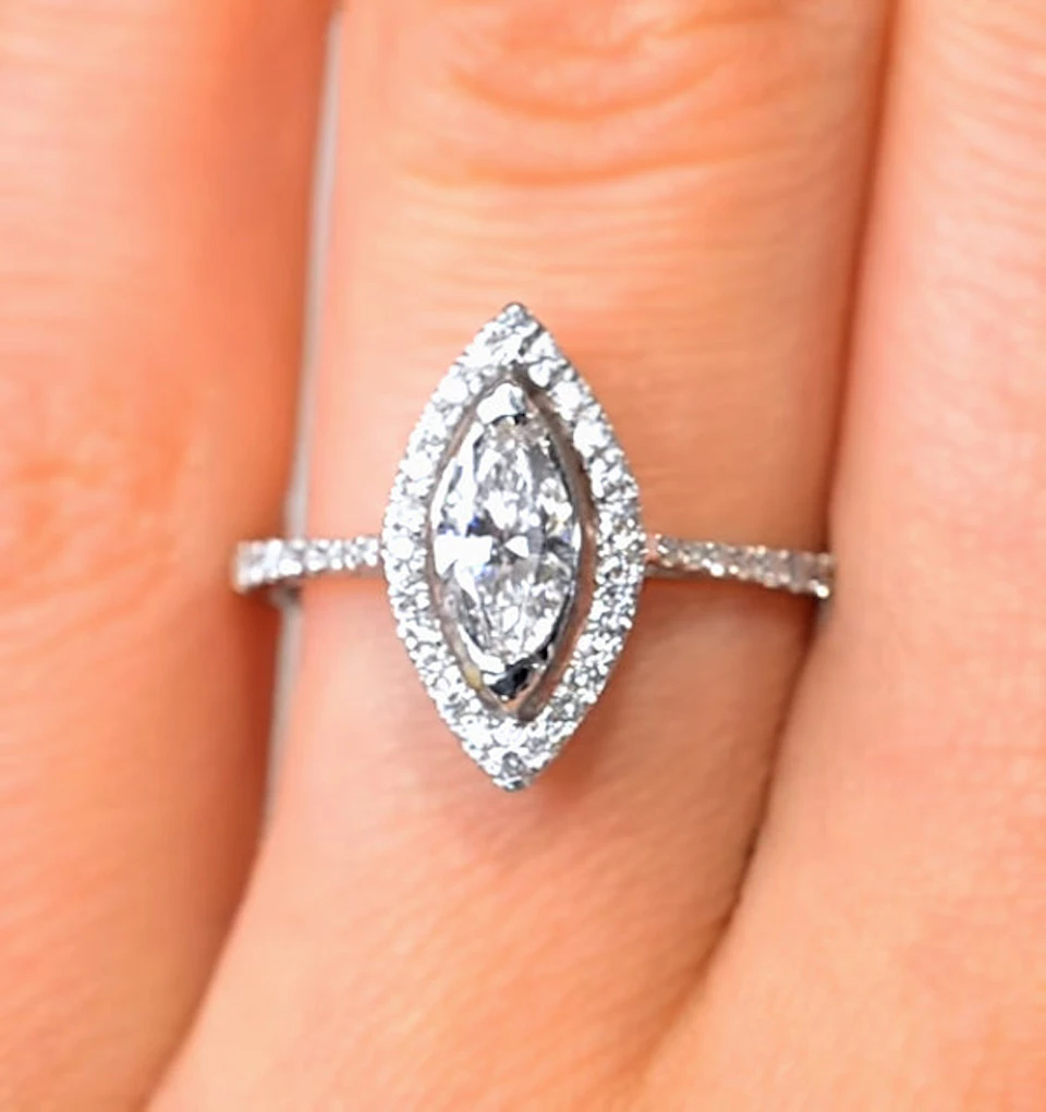 Halo Engagement Ring Ella 0.84ct G/VS Marquise Diamond 18K White Gold