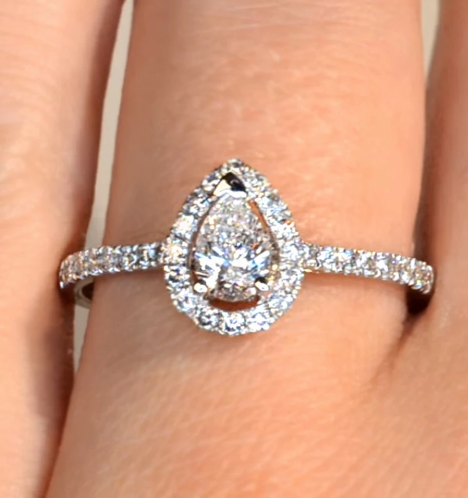 Halo Engagement Ring Ella 0.81ct VS Pear Shape Diamond 18K White Gold