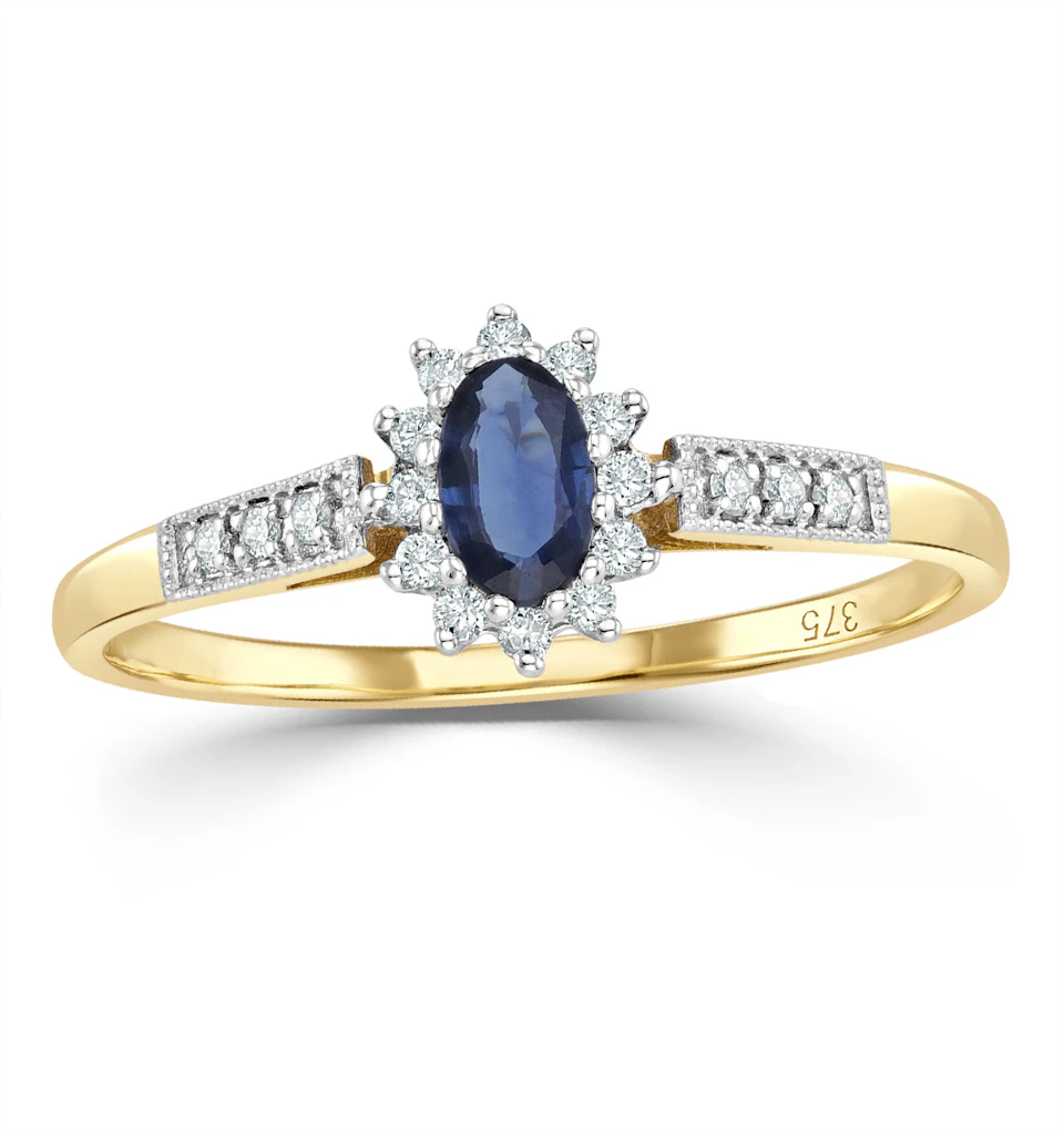 Sapphire 5 x 3mm And Diamond 9K Gold Ring A3261