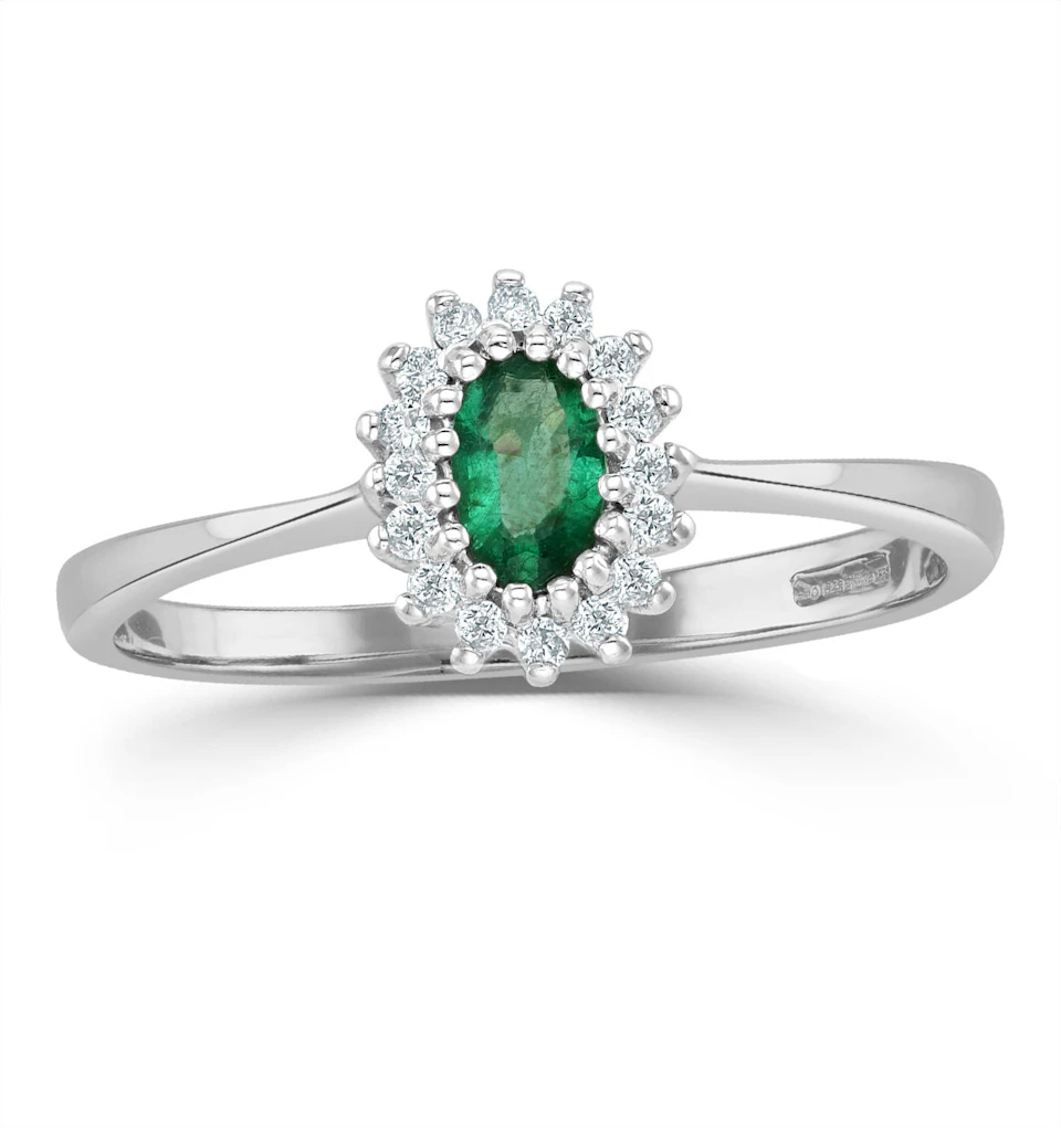 Emerald 5 x 3mm And Diamond 9K White Gold Ring A4450