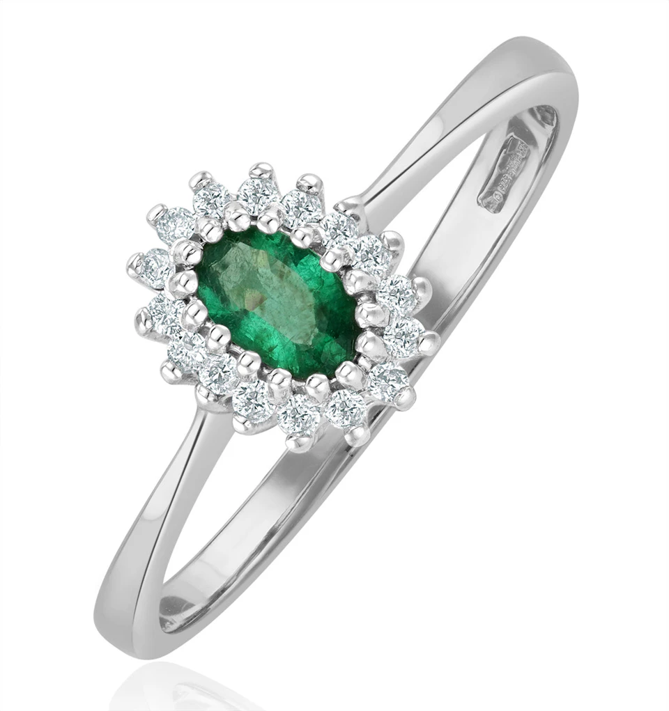 Emerald 5 x 3mm And Diamond 9K White Gold Ring A4450