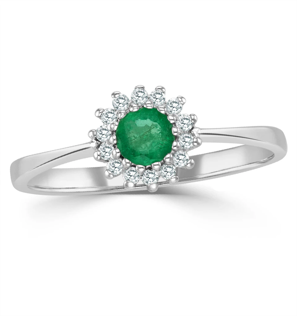Emerald 3.5 x 3.5mm And Diamond 18K White Gold Ring