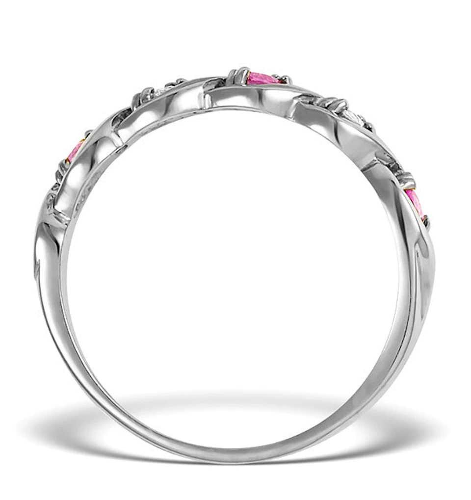 Pink Sapphire And 0.08CT Diamond Ring 9K White Gold