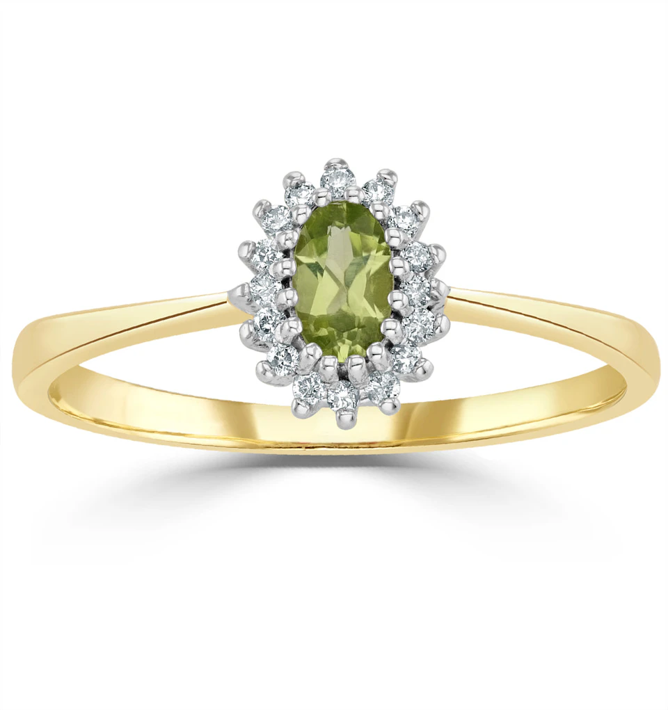 Peridot 5 x 3mm And Diamond 9K Yellow Gold Ring