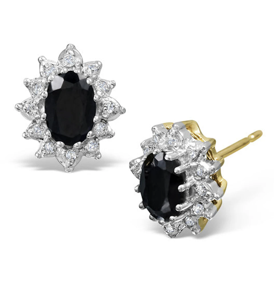 Sapphire 6mm x 4mm And Diamond Cluster 9K Yellow Gold Earrings