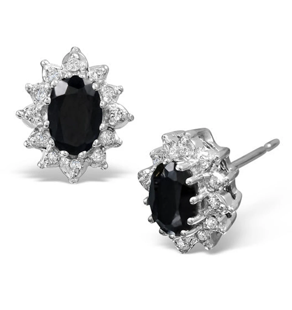 Sapphire 6mm x 4mm And Diamond 9K White Gold Cluster Earrings B3737